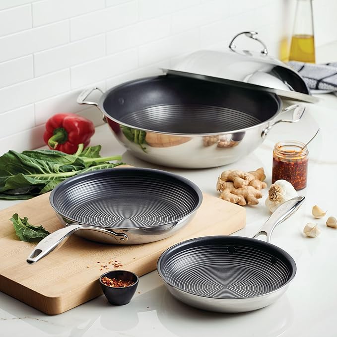 Circulon Clad Stainless Steel Induction Frying Pan and Wok Set with Hybrid SteelShield and Nonstick Technology, 4 Piece - Stainless Steel