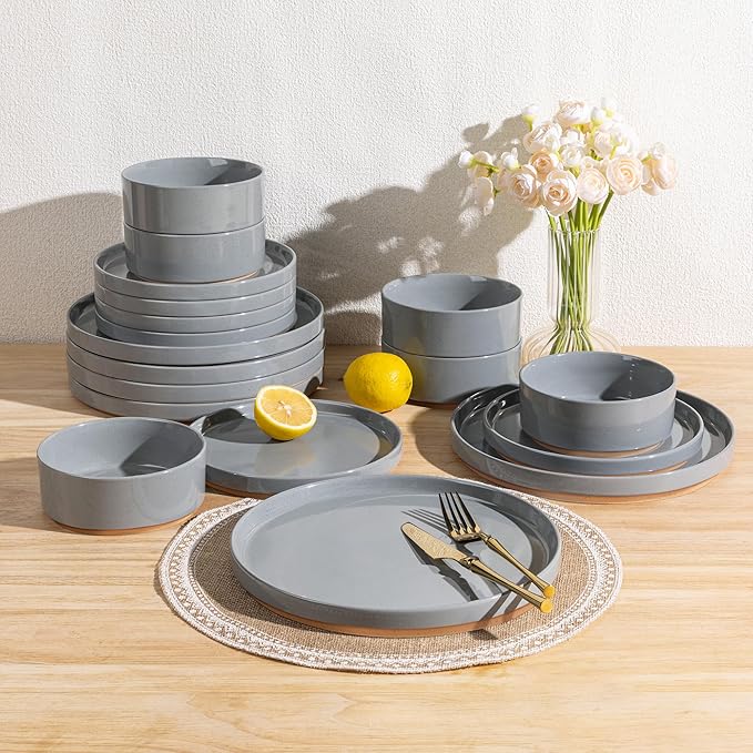 AmorArc Ceramic Dinnerware Set for 6 | Speckled Stoneware Plates and Bowls with Rustic Terracotta Underside| Scratch Resistant,Dishwasher & Microwave Safe Dishes Sets- 18pcs Gray