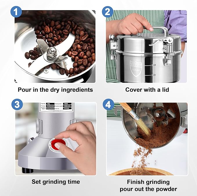 550g Electric Grain Mill Grinder, 304 Stainless Steel Flour Mill, 2000W High Speed Spice Grinder, Electric Grain Mill for Dry Wheat, Oats, Corn, Pepper and Coffee Beans