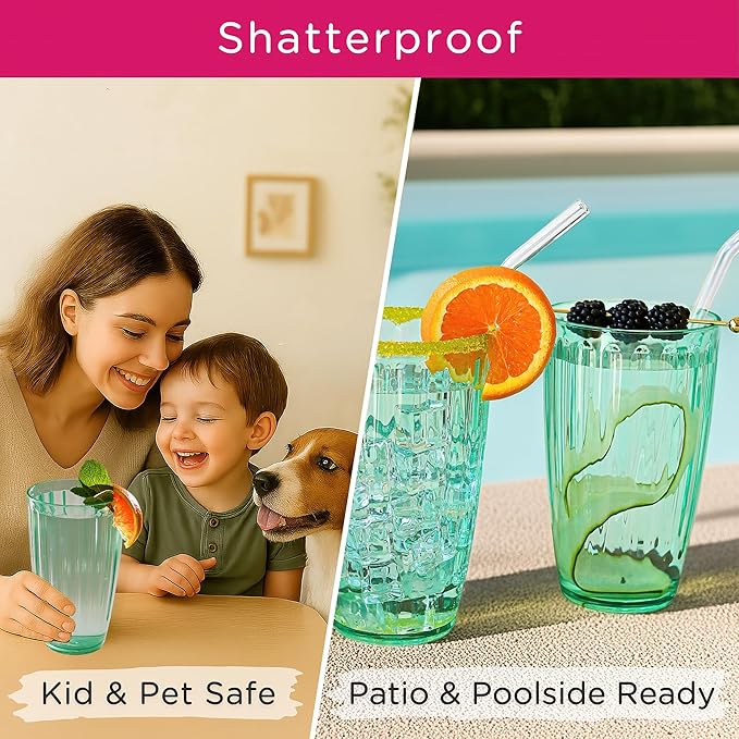 Kate Aspen Teal Fluted Plastic Drinking Glasses Set of 8, 21 oz, Acrylic Glasses Drinkware, Plastic Cups Reusable for Iced Water, Cocktails, Lemonade, BPA-Free Acrylic Glasses Drinkware