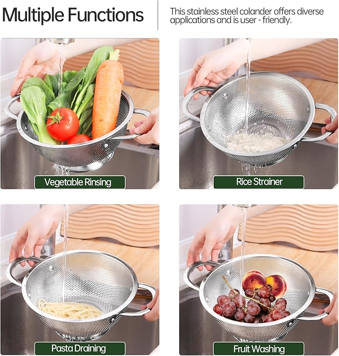 Premium Stainless Steel Colander for Kitchen, Food Strainer Basket with Handle and Solid Ring Base for Fruits Vegetables Rice and Pasta, Dishwasher Safe (5QT)