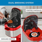 Koolatron Kenmore Single Serve Coffee Maker & Stainless Steel Travel Mug, Capsule/Pod & Ground Coffee Brewing, K Cup Compatible, Hot & Iced Coffee Machine, 6 to 14 Oz Brew Sizes, Auto Shut-Off, Red