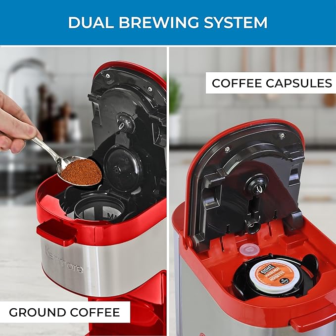 Koolatron Kenmore Single Serve Coffee Maker & Stainless Steel Travel Mug, Capsule/Pod & Ground Coffee Brewing, K Cup Compatible, Hot & Iced Coffee Machine, 6 to 14 Oz Brew Sizes, Auto Shut-Off, Red