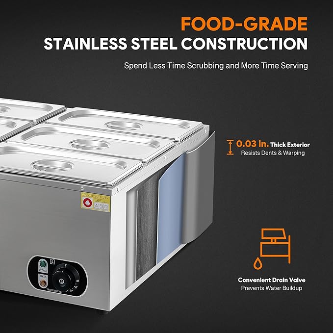 WILPREP Commercial Food Warmer with Six 1/3 Pans, 1500W Countertop Electric Warmer, 86-185°F Adjustable Temp Control & Over-Temp Protection, Stainless Steel Buffet Bain Marie