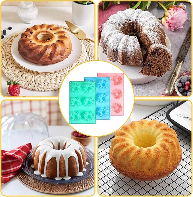 3PCS Mini Bundt Cake Pans for Baking, Non-stick 6 Cavity Silicone Bundt Cake Pan Molds, Multipurpose Molds for Cupcakes Brownies Jellies with Even Heat Transfer Feature for Home Baking(Spiral)