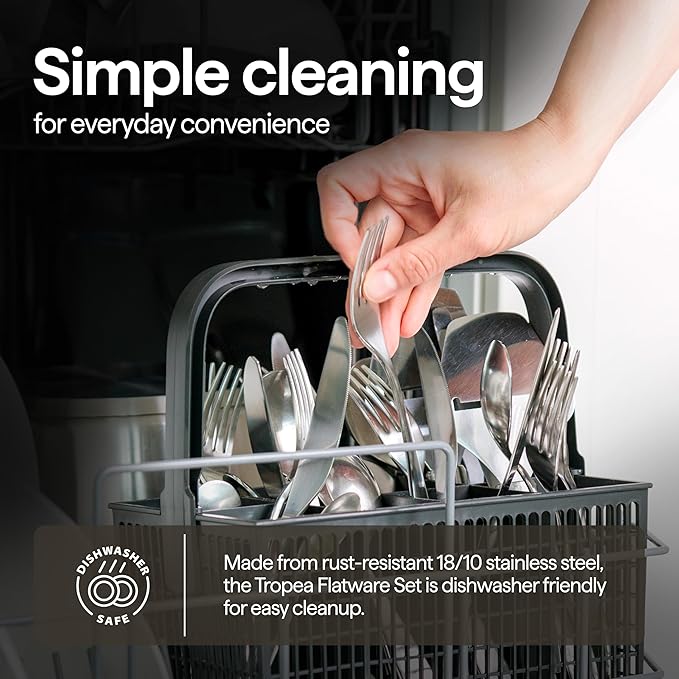 Luciella Tropea Polished Flatware Set for 8, 45-Piece Premium 18/10 Stainless Steel Silverware Set with Serving Utensils, Modern Mirror Finish, Rust Resistant, Dishwasher Safe