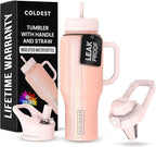 Coldest Tumbler with Handle and Straw - 100% Spill Proof Tumbler with Straw (3 Lids) - Stainless Steel Insulated Leakproof Tumblers for Women & Men - 36 oz (Forever Pink Glitter)