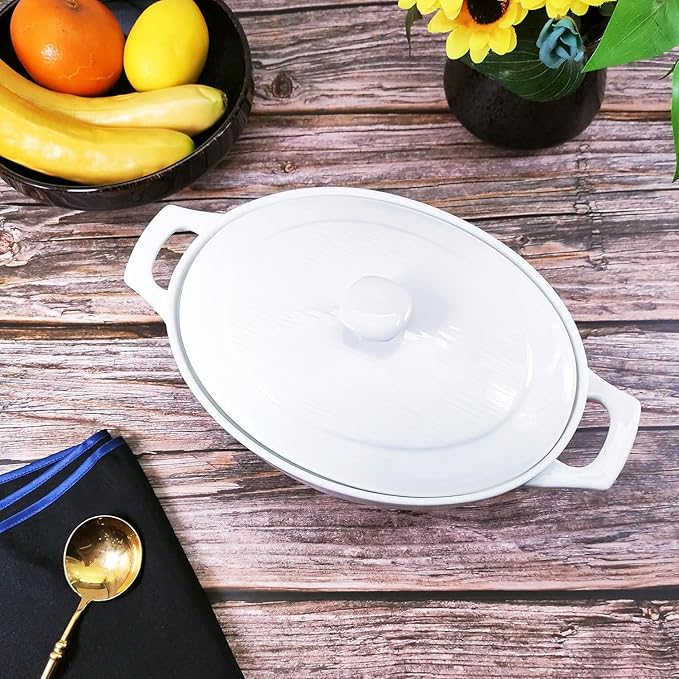 9" x 6.5" Oval Casserole Dish with Lids,1.9 Quart French White Ceramic Serving Soup Tureens, Baking Dish with Handle 12.1 IN, for Casseroles, Lasagna Cookware Set, Microwave, Oven Safe