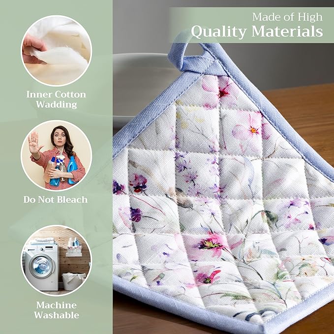 Maison d' Hermine Pot Holders 100% Cotton Heat Resistant Potholders 8" x 8" Hot Pads with Loop BBQ, Cooking, Baking, Grilling, Kitchen, Handling Hot Pans Spring/Summer (Pack of 1, Summer Floral)