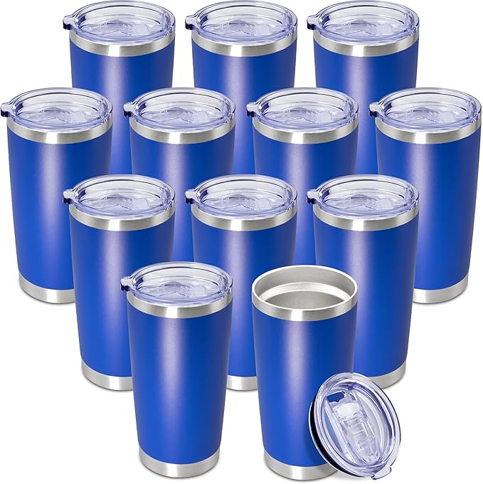 20 oz Tumbler Coffee Tavel Tumblers Bulk with Lid Stainless Steel Double Wall Vacuum Insulated Mug Powder Coated Cups fit Car Cupholder for Hot and Cold - Dark Blue, 12Pack