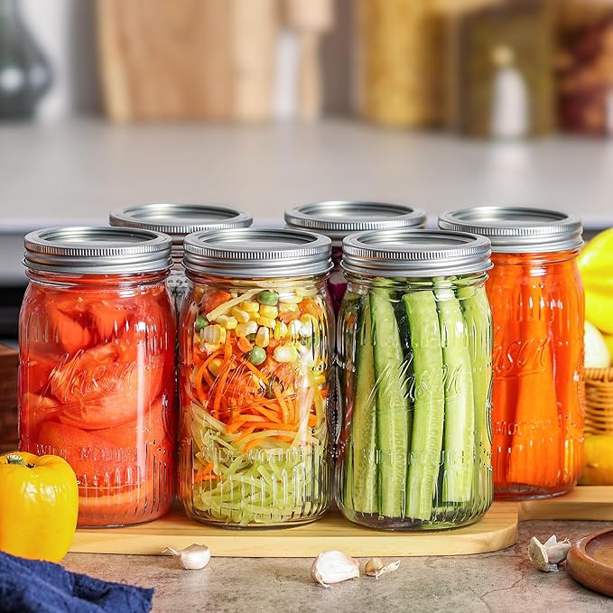 6 Pack 32 oz Vintage Style Wide Mouth Mason Jars - Heavy Duty Glass Storage Jars with Airtight & Leak Proof Lids for Pickling, Canning, Food Storage, Flour, Sugar, Pasta, Oats & DIY Projects