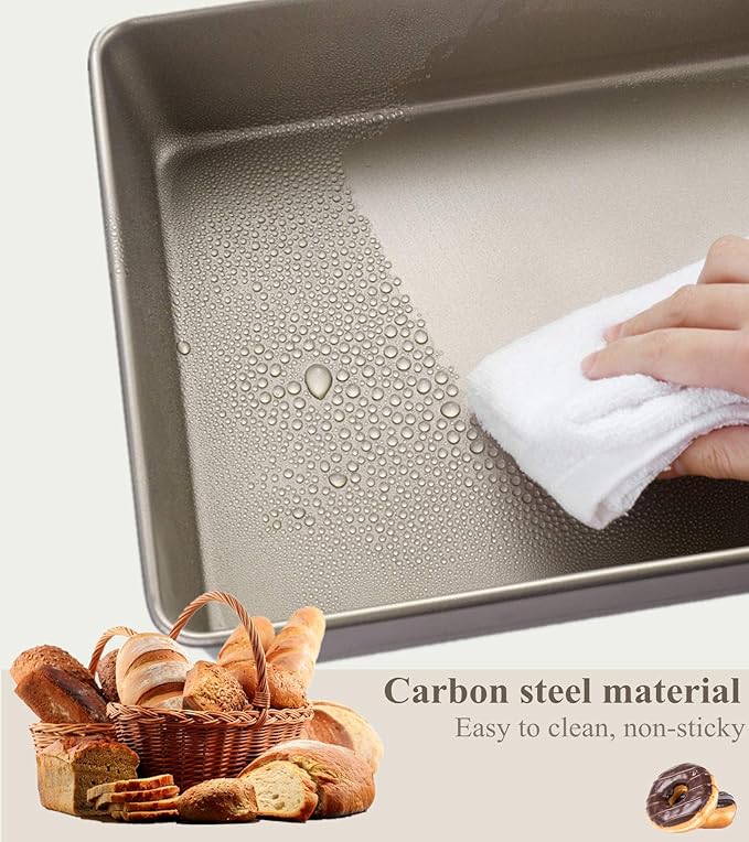 SuperMa 3 Pack Deep Baking Pans Set Nonstick Rectangular Cookie Sheets 9 11 13 Inch Baking Sheets for Baking Bread, Toaster Bakeware Gold