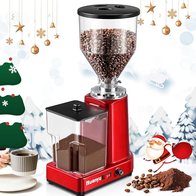Huanyu Flat Burr Coffee Grinder with 19 Grinding Settings Bulk Electric Coffee Bean Grinder Adjustable Large Capacity 35oz Red