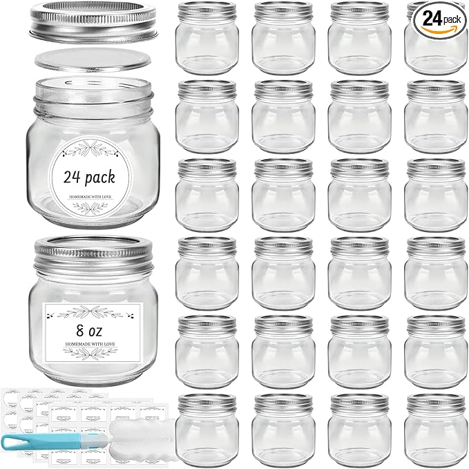 8 oz Glass Mason Jars, 24 Pack Regular Mouth Glass Canning Jars with Silver Aluminum Lids and Bands, Airtight Jam Jars for Food Storage, Pickling, Fermenting, Honey, Jelly, DIY Candles Decor