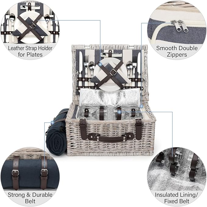Picnic Basket Sets for 4 Persons with Insulation Layer,Waterproof Picnic Blanket, Tableware for Family,Party,Outdoor Living,Camping