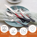 20 Piece Black Red and Silver 18/0 Flatware Utensil Set for 4, Include Dinner Knife,Dinner Forks,Dinner Spoons,Salad Forks,Teaspoons,Silverware Set for 4, Dishwasher Safe