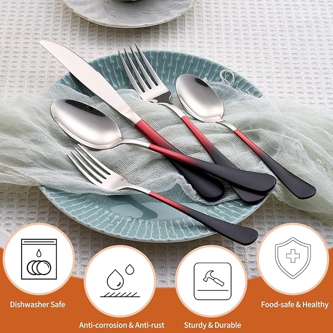 20 Piece Black Red and Silver 18/0 Flatware Utensil Set for 4, Include Dinner Knife,Dinner Forks,Dinner Spoons,Salad Forks,Teaspoons,Silverware Set for 4, Dishwasher Safe
