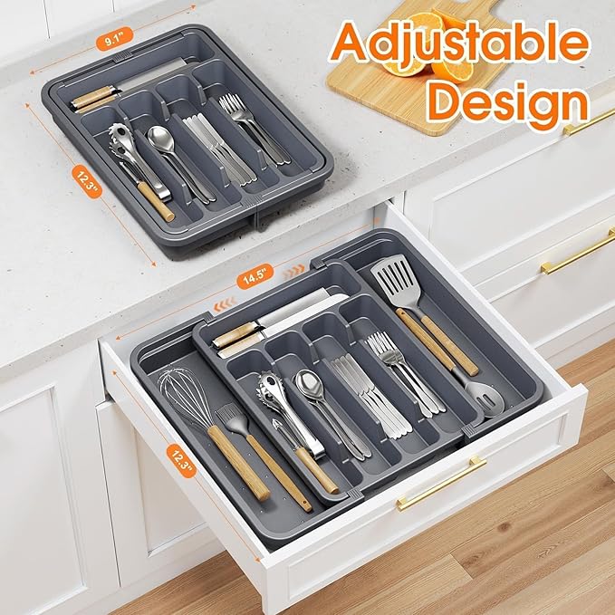 Silverware Organizer，Adjustable & Expandable Utensil Drawer Organizer, BPA Free Utensil Holder, Cutlery Tray for Forks, Spoons, Knives in Kitchen, Medium, Grey