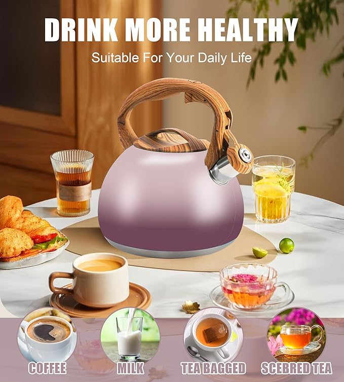 Tea Kettle for Stove Top, 3.2QT Whistling Tea Pots with Wood Parttern Handle, Stainless Steel Teapot for Home and Kitchen (Purple Gradient)