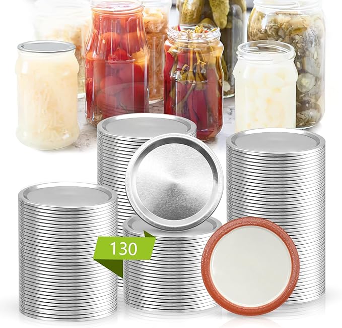 130 Pcs Regular Mouth Canining Lids (70 MM/2.76 Inch), Leak Proof Split-Type Metal Canning Jar Lids for Ball Kerr, Food Grade Material, 100% Fit & Airtight for Regular Mouth Mason Jar