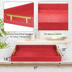17" x 12" Wood Serving Tray with Gold Polished Metal Handles, Home Decorative Wooden Rectangle Ottoman Leather Decor Platter Bathroom Vanity Tray for All Occasions Red