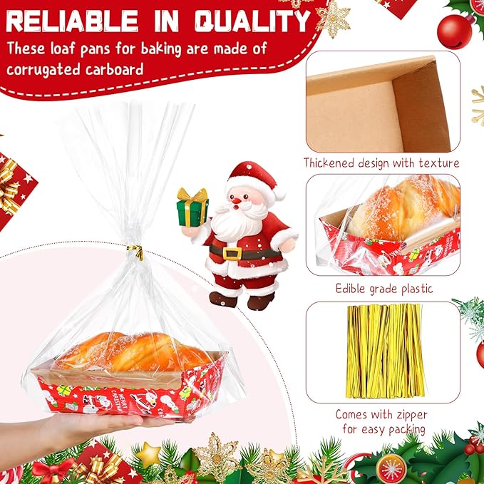100 Sets Christmas Paper Loaf Pans Mini Disposable Baking Bread Pans with 100 Pcs Clear Bread Bags with Ties Rectangle Loaf Molds for Cake Oven Baker(5.9 x 2.6 x 2 Inches)
