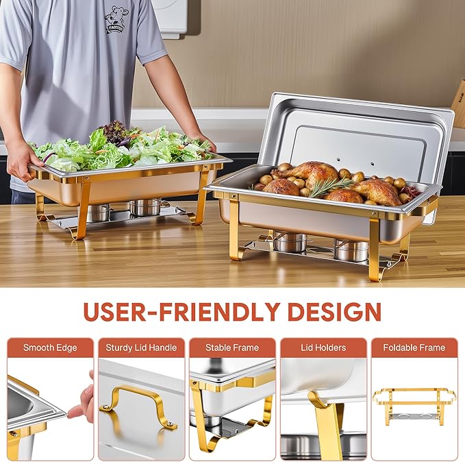WILPREP Chafing Dishes for Buffet, 2 Pack 9 qt Chafer and Buffet Warmer Set with Full Size Pans & Foldable Frames, Food Grade Stainless Steel Food Warmers for Parties Buffets Banquets, Gold & Silver