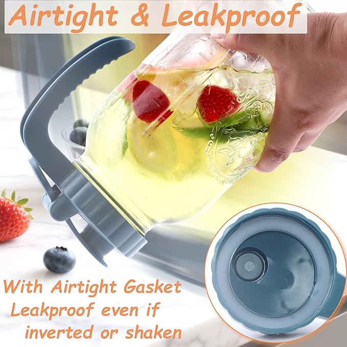 Mason Jar Pitcher 2 Quart With Pour Spout Lids 2 Pack 64 Oz Wide Mouth Water Pitcher Airtight And Leakproof Glass Carafe With Handle And Flip Cap For Milk, Iced Tea, Cold Brew Coffee, Juice