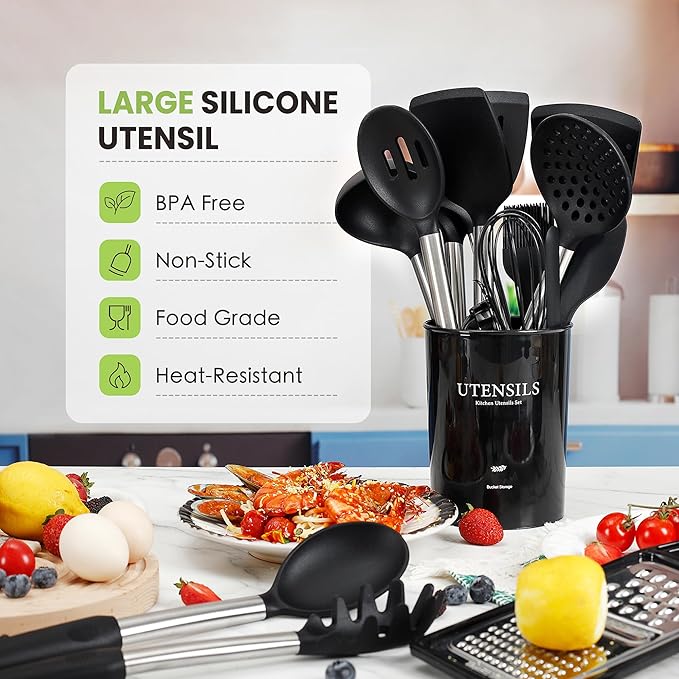 Large Cooking Utensils Set, 35 Pcs Kitchen Utensils Set with Holder, Silicone Spatula Set with Stainless Steel Handle, Whisk, Basting Brush, Kitchen Gadgets for Nonstick Cookware (Black)