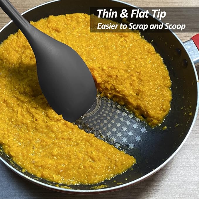 2 Pack Large Silicone Cooking Spoon, Non-Stick Slotted and Solid Spoon set with Deep Bolw and Measurement Mark for Mixing, Serving, Draining, Scooping, Scraping, Heat Resistant Kitchen Utensils, Black