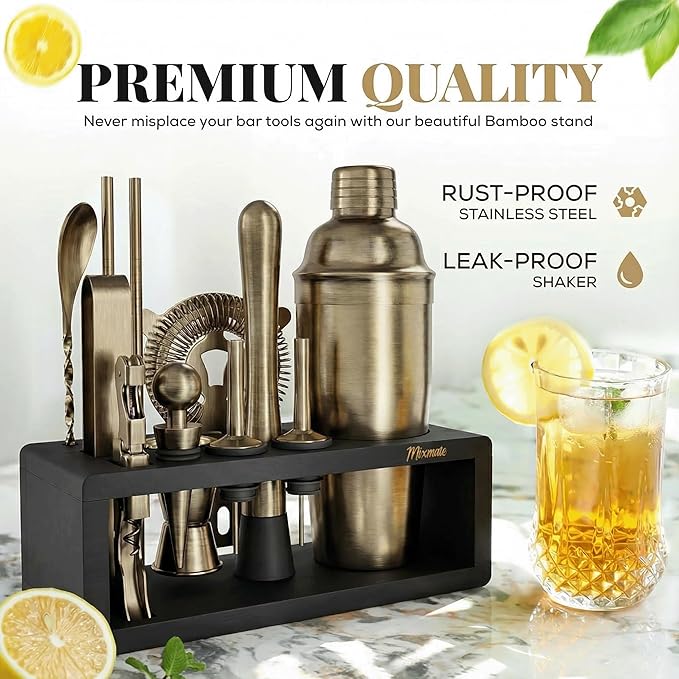 Brushed Brass Mixology Kit - 15 Piece Bar Tool Set, Silver Bar Set Cocktail Shaker Set for Drink Mixing - Includes Martini Shaker, Jigger, Strainer, Bar Mixer Spoon, Tongs, Opener | Gift Idea