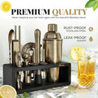 Brushed Brass Mixology Kit - 15 Piece Bar Tool Set, Silver Bar Set Cocktail Shaker Set for Drink Mixing - Includes Martini Shaker, Jigger, Strainer, Bar Mixer Spoon, Tongs, Opener | Gift Idea