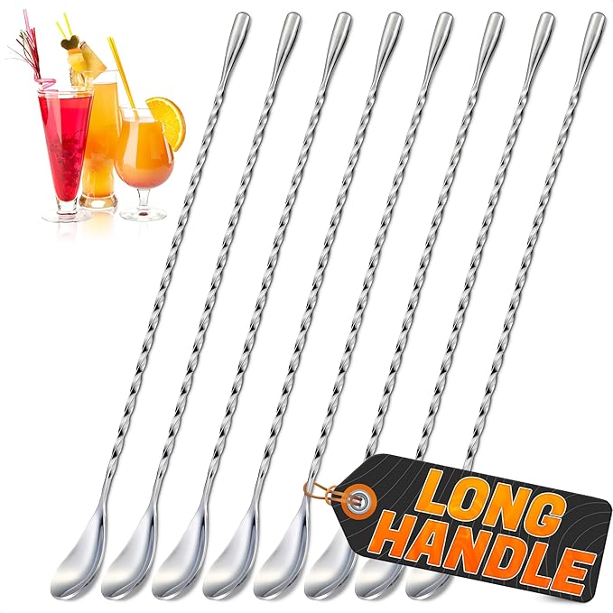 8 Pcs Bar Spoon Cocktail Mixing Spoon – 12'' Stainless Steel Cocktail Stirrers for Drinks, Polished Surface, Easy to Clean – Useful Bar Spoons for Professional and Home Use