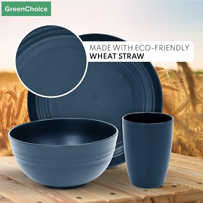 Wheat Straw Dinnerware Sets for 4 - GreenChoice Lightweight & Unbreakable Dishes Microwave & Dishwasher Safe Perfect for Camping, Picnic, RV, Dorm Plates, Cups and Bowls (Blue)