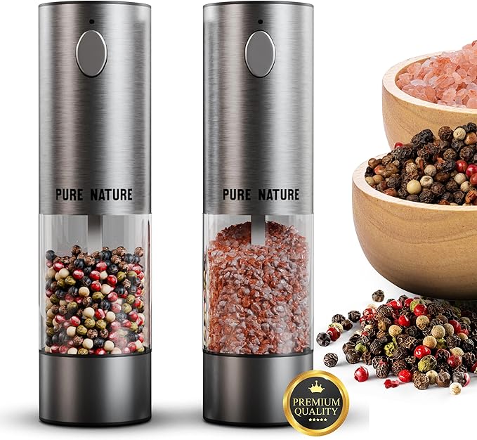 Pure Nature Salt and Pepper Grinder Set with rechargeable base. Premium Stainless Steel up-graded larger capacity with LED Lights, 5 Adjustable Coarseness, Refillable, Type-C Fast Charging.