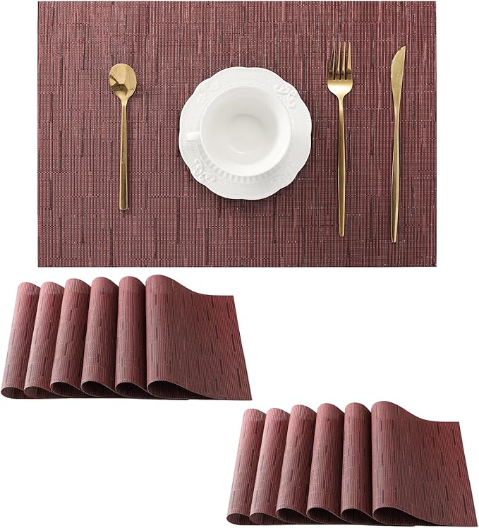 Leetaltree Burgundy Placemats Set of 12 - Heat Resistant Non-Slip Place mats for Dining Table, Washable Durable PVC Vinyl Woven Table Mats（Burgundy, 12）