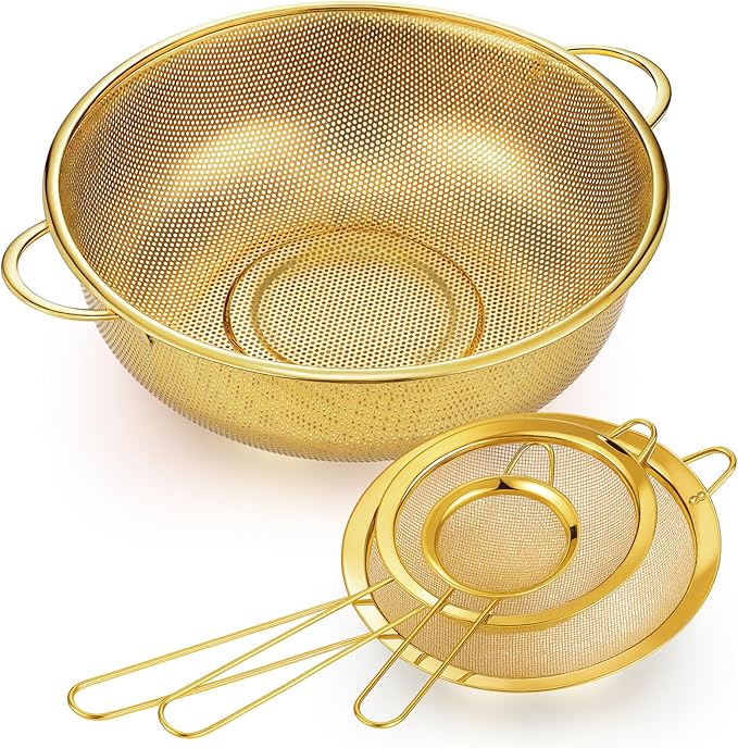 Baderke 1 Pcs 5 Quart Stainless Steel Gold Colander and 3 Pcs Fine Mesh Strainer with Handles Gold Kitchen Accessories for Kitchen Draining Rinsing Serving Food Pasta Rice Vegetables