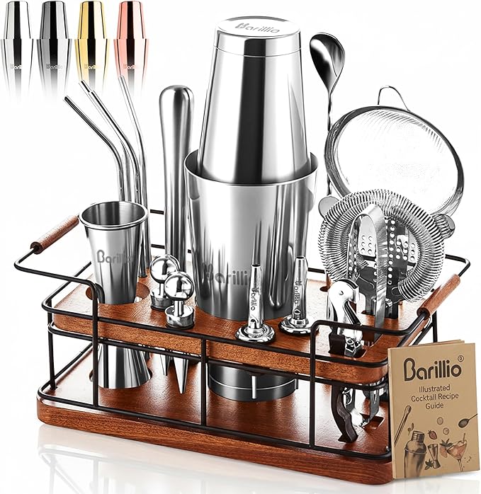 Barillio Bartender Kit – 23-Piece Stainless-Steel Cocktail Shaker Set with Premium African Mahogany Stand | Martini Barware Mixing Tools for Home Bartending | Gift Set