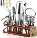 Barillio Bartender Kit – 23-Piece Stainless-Steel Cocktail Shaker Set with Premium African Mahogany Stand | Martini Barware Mixing Tools for Home Bartending | Gift Set