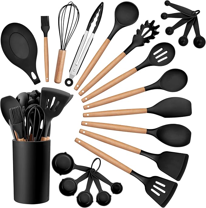 HaWare Kitchen Cooking Utensils Set, 23-Piece Silicone Kitchen Utensils Spatula Set with Holder, Heat Resistant Wooden Handle Kitchen Gadget for Nonstick Cookware, Food-grade Turner Spoon Sets (Black)