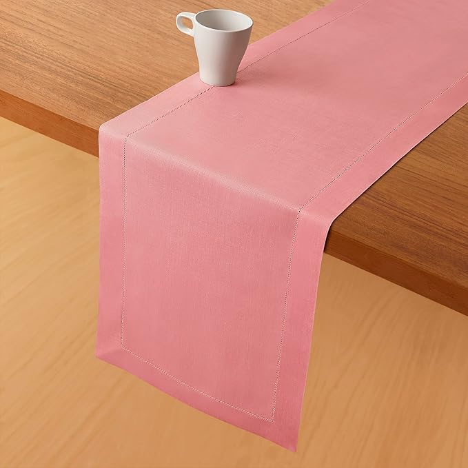 D'Moksha Homes Linen Dusty Pink Table Runner 72 Inches Long - 100% Pure Linen Hemstitch Table Runner 14 x 72 Inch for Dresser, Dining, Summer, Fall and Halloween - Classic Hemstitch