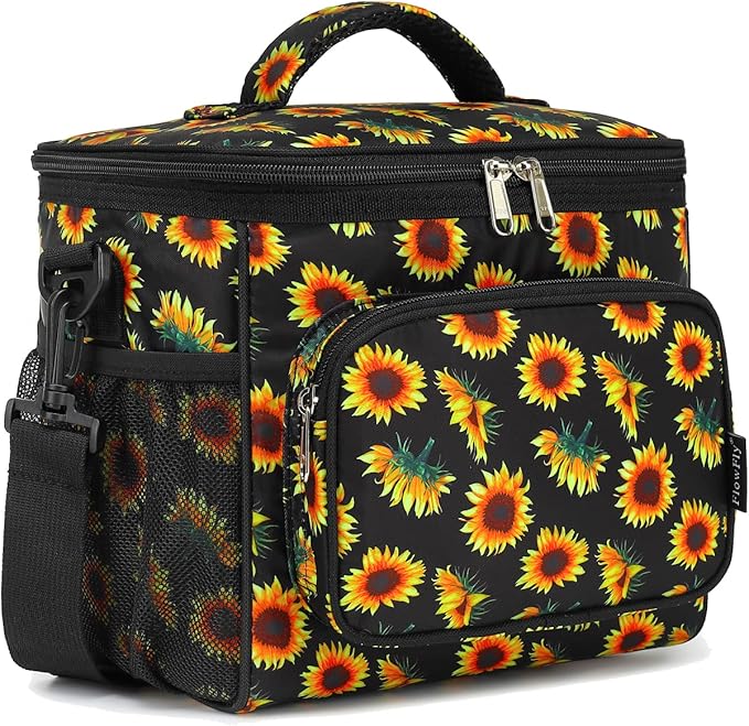 FlowFly Insulated Reusable Lunch Bag Adult Large Lunch Box for Women and Men with Adjustable Shoulder Strap,Front Zipper Pocket and Dual Large Mesh Side Pockets,Sunflower