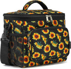 FlowFly Insulated Reusable Lunch Bag Adult Large Lunch Box for Women and Men with Adjustable Shoulder Strap,Front Zipper Pocket and Dual Large Mesh Side Pockets,Sunflower