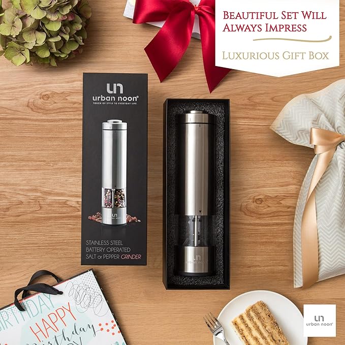 Electric Salt and Pepper Grinder - Battery Operated Stainless Steel Pepper Mill with Light - Automatic One Handed Operation - Electronic Adjustable Shaker - Ceramic Grinder