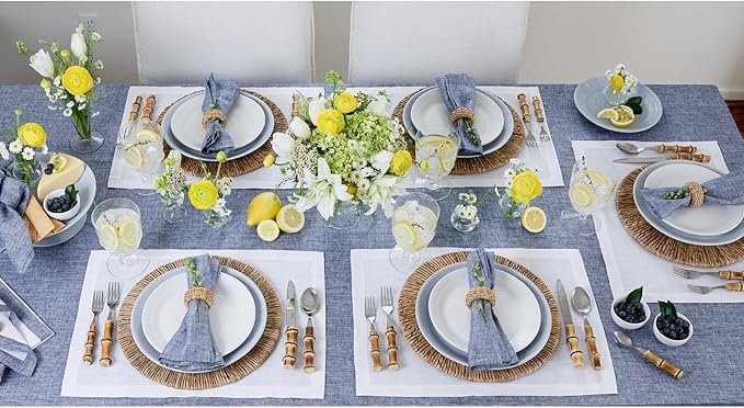 Solino Home Linen Tablecloth 60 x 144 Inch - 100% Pure Linen Chambray Indigo Table Cloth for Rectangle Tables - Athena, Machine Washable Tablecloth for Summer