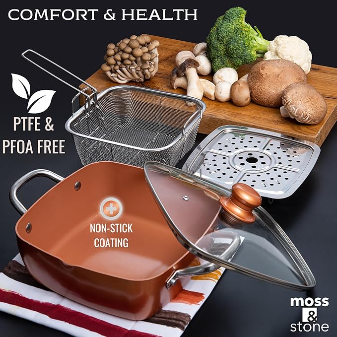 Moss & Stone 6 Pcs Copper Chef Cookware Non Stick Deep Frying Pan 9.5" x 3.5", Fry Basket, Steamer Rack, Dishwasher & Oven Safe, 5 Qt Deep Square Pot & Non Stick Pan, Induction Copper Cookware Set