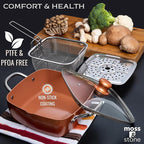 Moss & Stone 6 Pcs Copper Chef Cookware Non Stick Deep Frying Pan 9.5" x 3.5", Fry Basket, Steamer Rack, Dishwasher & Oven Safe, 5 Qt Deep Square Pot & Non Stick Pan, Induction Copper Cookware Set