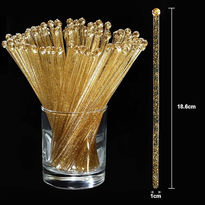 Honoson 100 Pieces Disposible Plastic Round Top Crystal Swizzle Sticks (Gold)