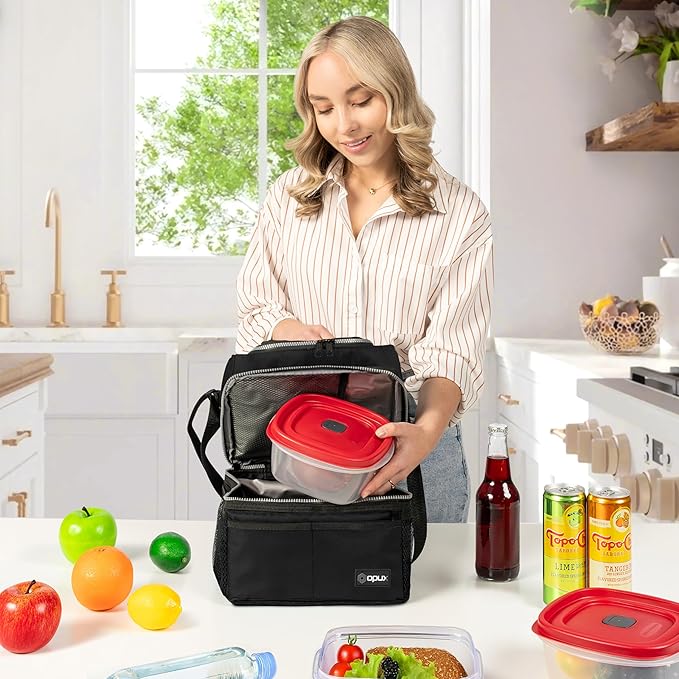 OPUX Lunch Box For Men Women, Insulated Large Lunch Bag Adult Work, Double Decker Lunchbox Meal Prep, Dual Compartment Leakproof Lunch Cooler, Soft Lunch Pail Tote Boys Girls Kids School, Black 16 Can