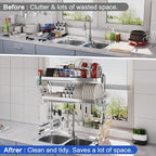 Over The Sink Dish Drying Rack,3 Tier Adjustable Length Full Stainless Steel Large Storage Kitchen Dish Rack,for Kitchen Counter Expandable Multifunctional Organizers,Silver (25.98-37.6")